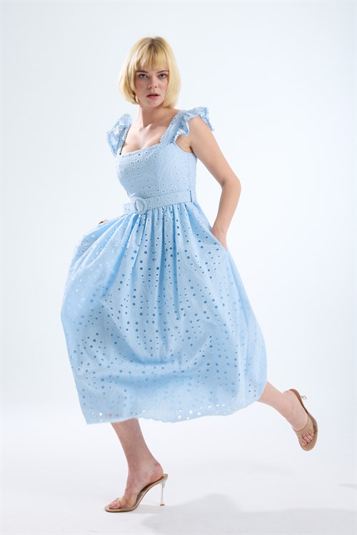 Wholesale Womens Baby Blue Embroidered Dress with Matching Belt
