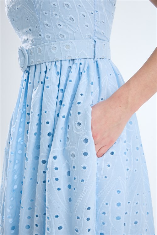 Wholesale Womens Baby Blue Embroidered Dress with Matching Belt