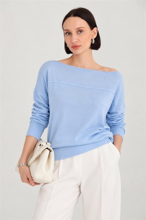 Wholesale Womens Baby Blue Fine Knit Sweater with Boat Neck and Drop Shoulders