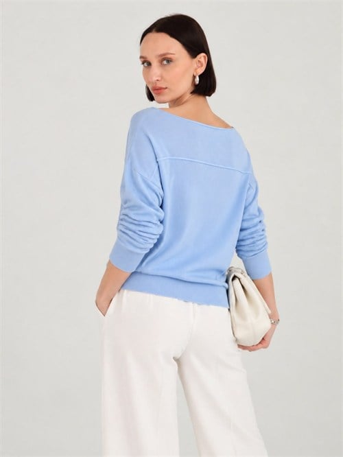 Wholesale Womens Baby Blue Fine Knit Sweater with Boat Neck and Drop Shoulders