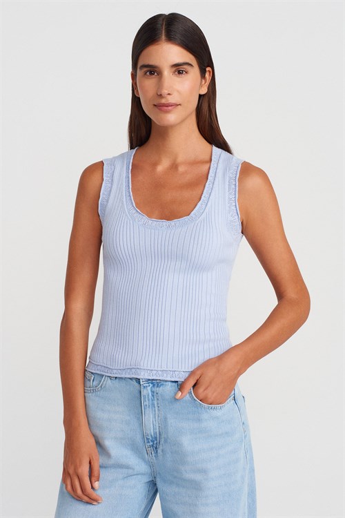 Wholesale Womens Baby Blue Ribbed Fine Textured Knit Blouse