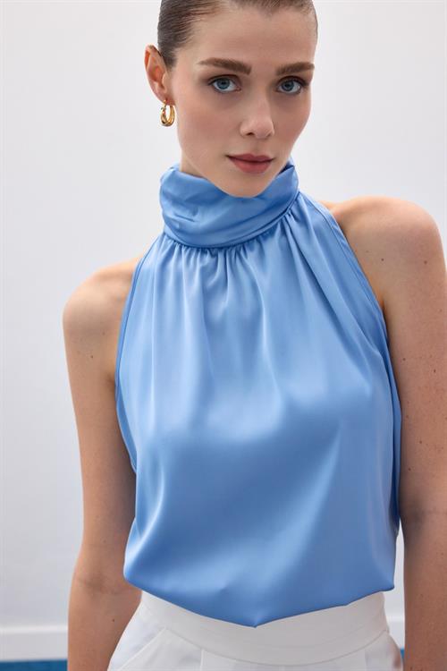 Wholesale Womens Baby Blue Sleeveless Mock-Neck Blouse