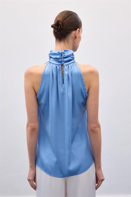 Wholesale Womens Baby Blue Sleeveless Mock-Neck Blouse