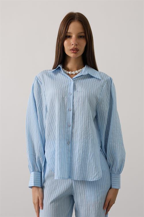 Wholesale Womens Baby Blue Striped Two-Piece Set – Shirt and Pants