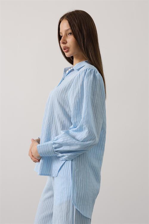 Wholesale Womens Baby Blue Striped Two-Piece Set – Shirt and Pants
