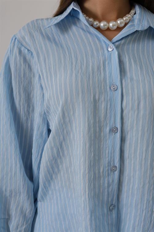 Wholesale Womens Baby Blue Striped Two-Piece Set – Shirt and Pants
