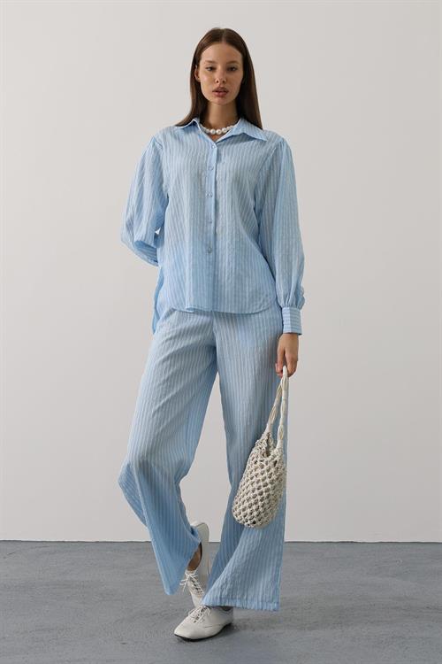 Wholesale Womens Baby Blue Striped Two-Piece Set – Shirt and Pants