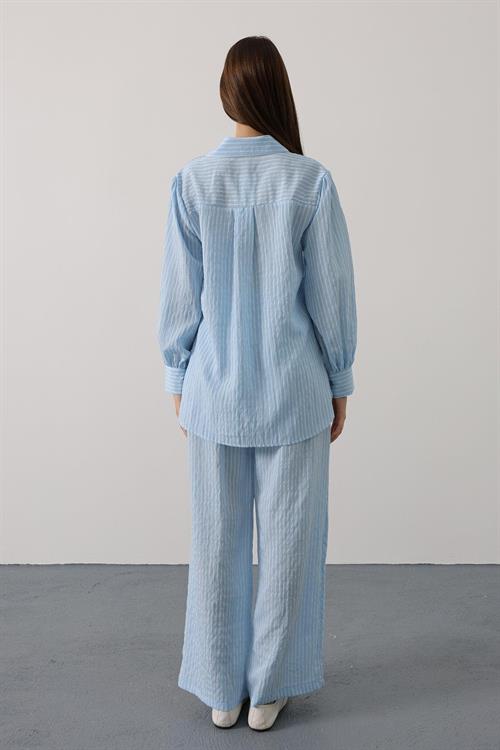 Wholesale Womens Baby Blue Striped Two-Piece Set – Shirt and Pants