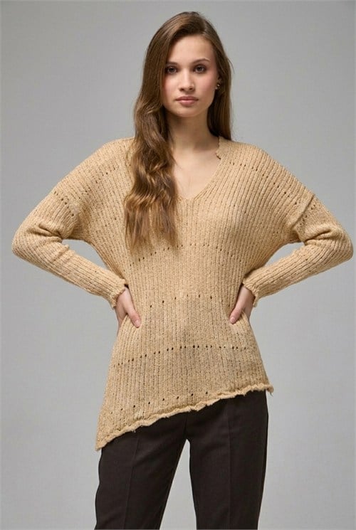 Wholesale Womens Beige Asymmetric Openwork Knit Sweater