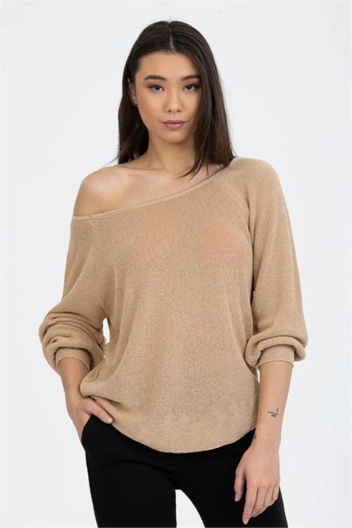 Wholesale Womens Beige Boat-Neck Mercerized Knit Sweater with Raglan Sleeves
