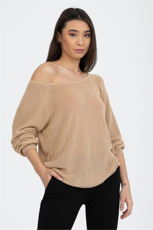 Wholesale Womens Beige Boat-Neck Mercerized Knit Sweater with Raglan Sleeves
