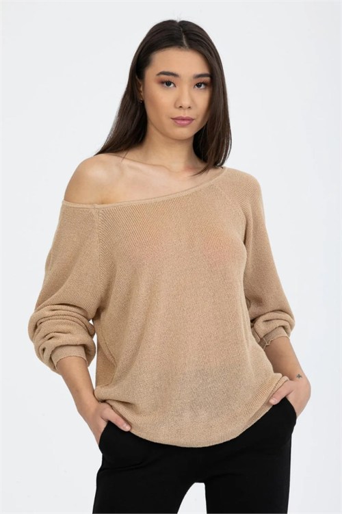 Wholesale Womens Beige Boat-Neck Mercerized Knit Sweater with Raglan Sleeves