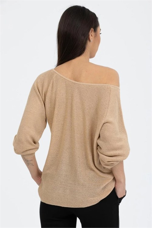 Wholesale Womens Beige Boat-Neck Mercerized Knit Sweater with Raglan Sleeves