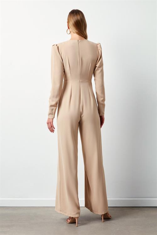 Wholesale Womens Beige Crepe Jumpsuit with Rhinestone Accessories