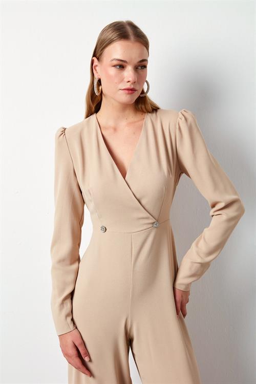 Wholesale Womens Beige Crepe Jumpsuit with Rhinestone Accessories