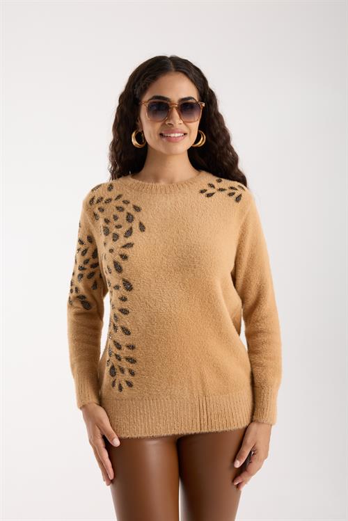 Wholesale Womens Beige Crew-Neck Knit Sweater with Beaded Embroidery