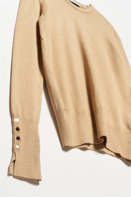 Wholesale Womens Beige Crew-Neck Knit Blouse with Snap-Button Wide Cuffs