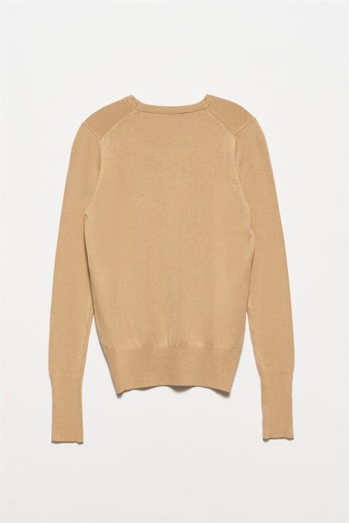 Wholesale Womens Beige Crew-Neck Knit Blouse with Snap-Button Wide Cuffs