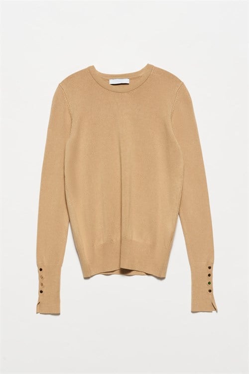Wholesale Womens Beige Crew-Neck Knit Blouse with Snap-Button Wide Cuffs