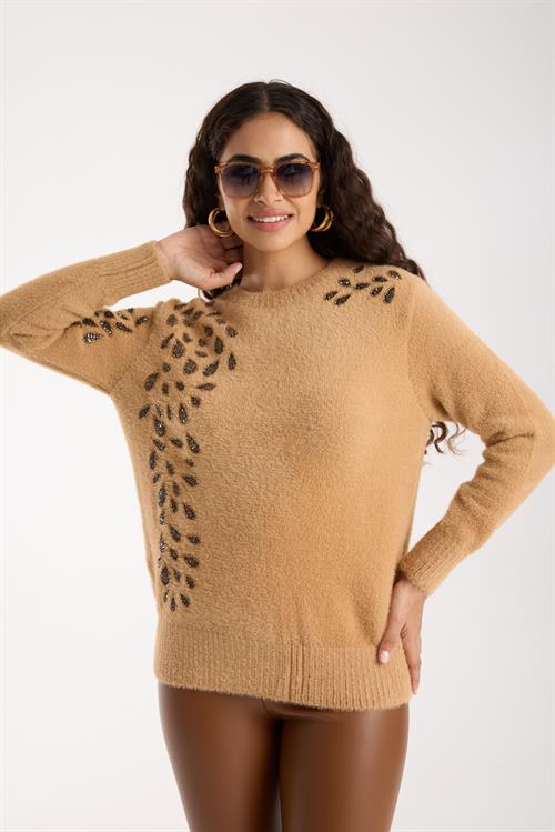 Wholesale Womens Beige Crew-Neck Knit Sweater with Beaded Embroidery