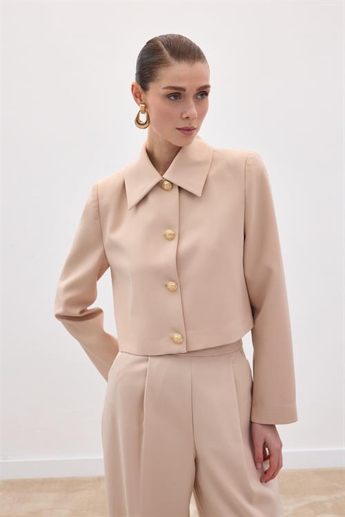 Wholesale Womens Beige Cropped Blazer with Gold Buttons