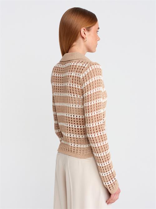 Wholesale Womens Beige-Ecru Polo Collar Openwork Knit Sweater