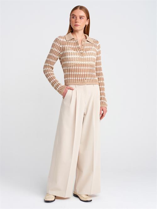 Wholesale Womens Beige-Ecru Polo Collar Openwork Knit Sweater