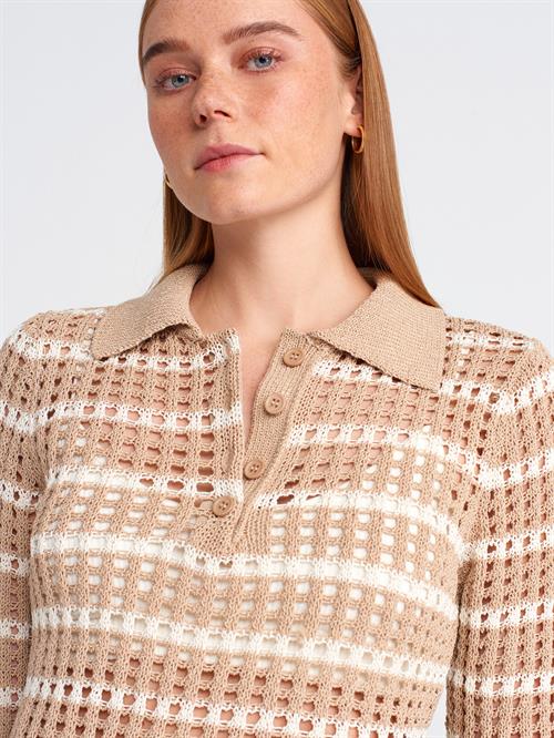 Wholesale Womens Beige-Ecru Polo Collar Openwork Knit Sweater