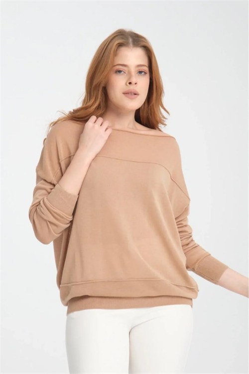 Wholesale Womens Beige Fine Knit Sweater with Boat Neck and Drop Shoulders