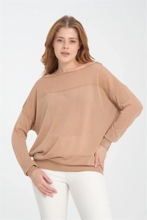 Wholesale Womens Beige Fine Knit Sweater with Boat Neck and Drop Shoulders