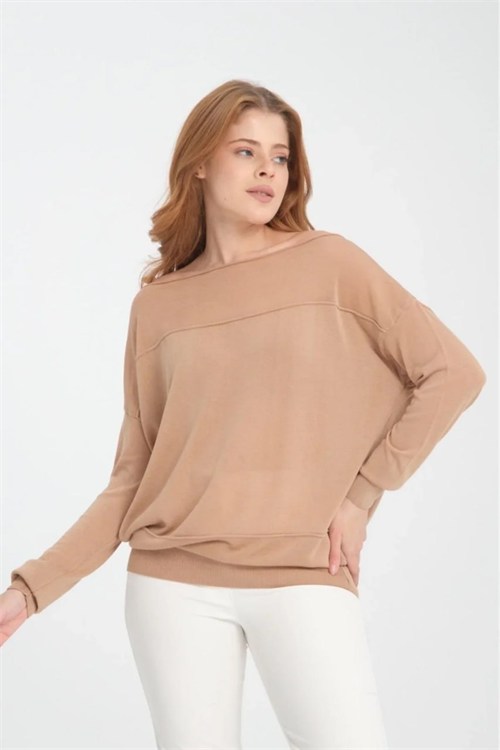 Wholesale Womens Beige Fine Knit Sweater with Boat Neck and Drop Shoulders