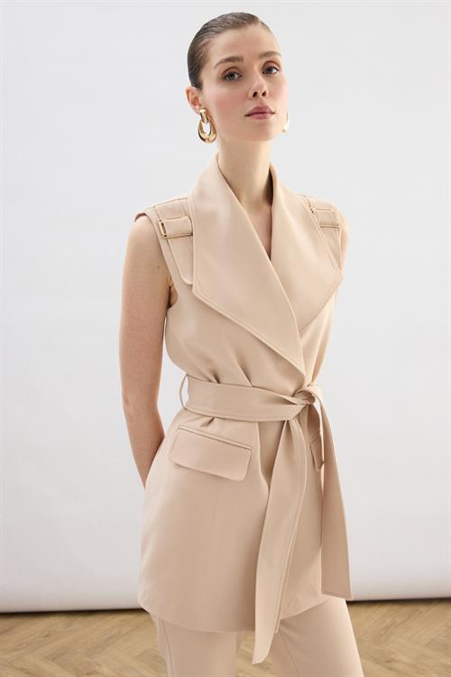 Wholesale Womens Beige Flap Pockets Waistcoat with Belt