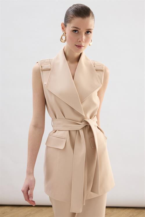 Wholesale Womens Beige Flap Pockets Waistcoat with Belt