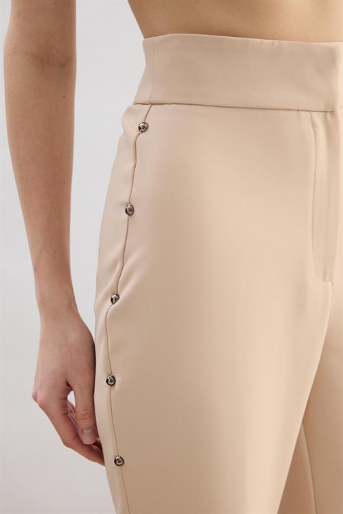 Wholesale Womens Beige Flared Trousers with Pearl Embellishment on the Sides