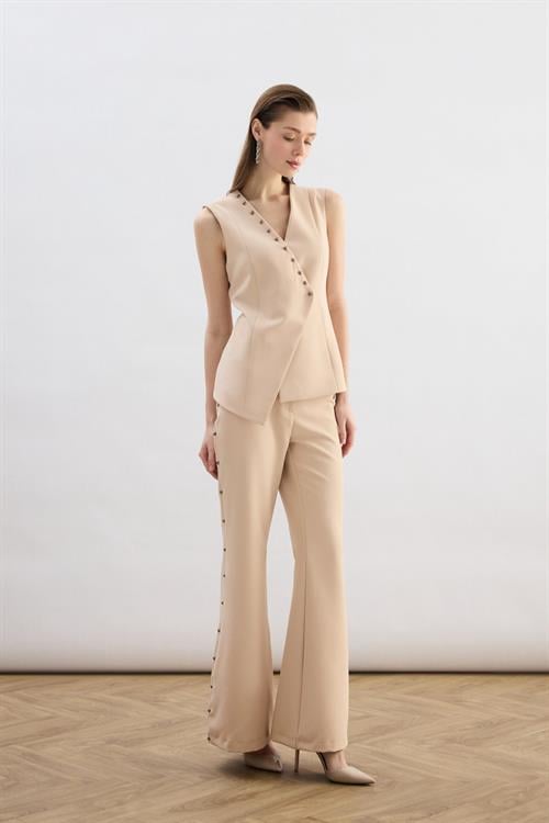 Wholesale Womens Beige Flared Trousers with Pearl Embellishment on the Sides