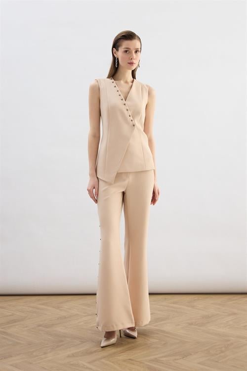 Wholesale Womens Beige Flared Trousers with Pearl Embellishment on the Sides