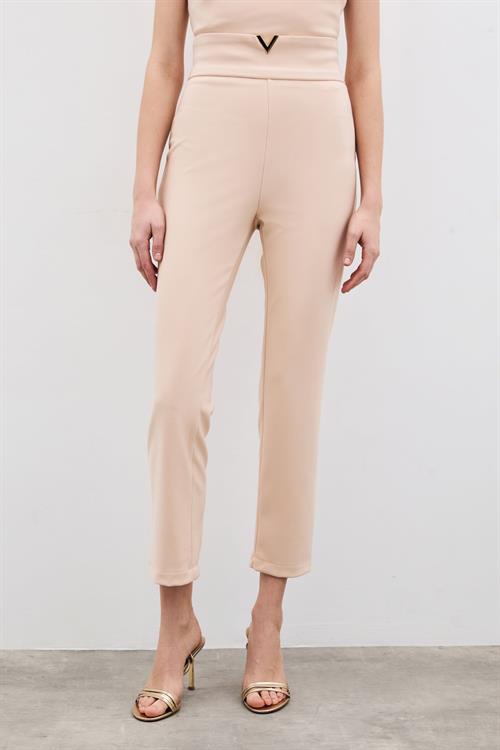 Wholesale Womens Beige High-Waist Trousers with Front V-Shaped Accessory