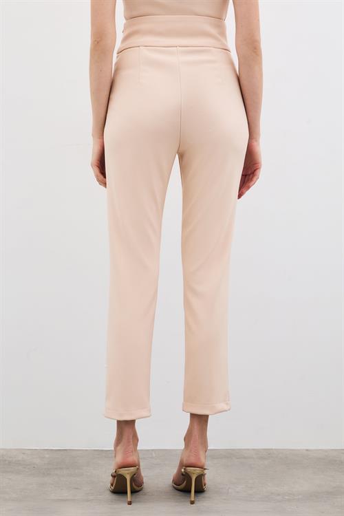 Wholesale Womens Beige High-Waist Trousers with Front V-Shaped Accessory