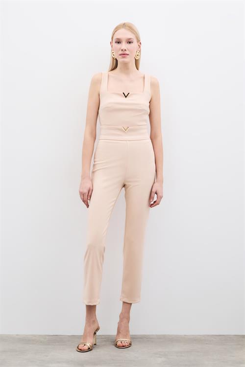 Wholesale Womens Beige High-Waist Trousers with Front V-Shaped Accessory