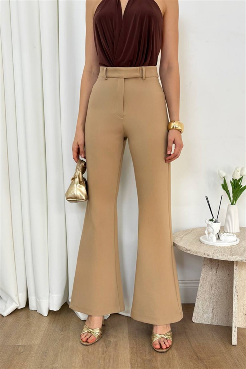 Wholesale Womens Beige High-Waisted Flared Trousers