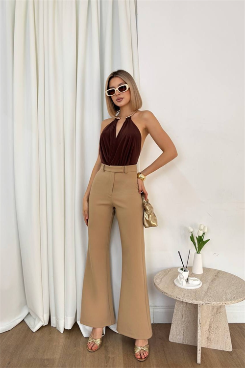 Wholesale Womens Beige High-Waisted Flared Trousers