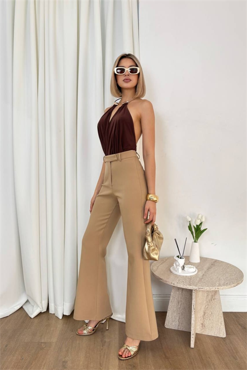 Wholesale Womens Beige High-Waisted Flared Trousers