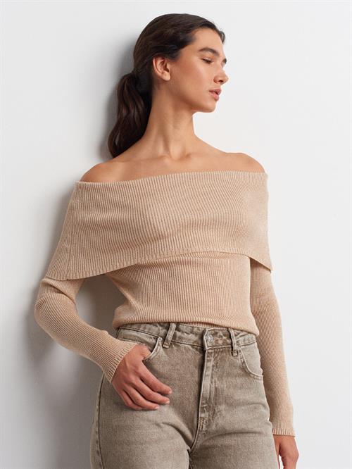 Wholesale Womens Beige Lurex Ribbed Knit Sweater with Carmen Collar