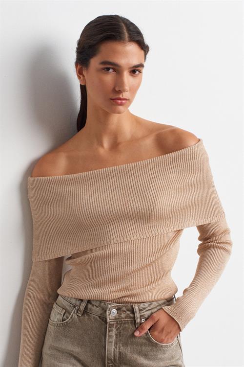 Wholesale Womens Beige Lurex Ribbed Knit Sweater with Carmen Collar