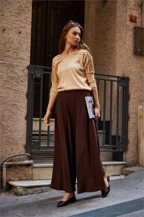 Wholesale Womens Beige Lurex-Thread Textured Yoke Knit Sweater