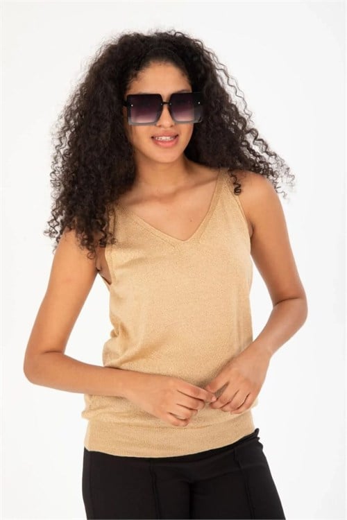 Wholesale Womens Beige Mercerized Knit Top with Front and Back V-Neck