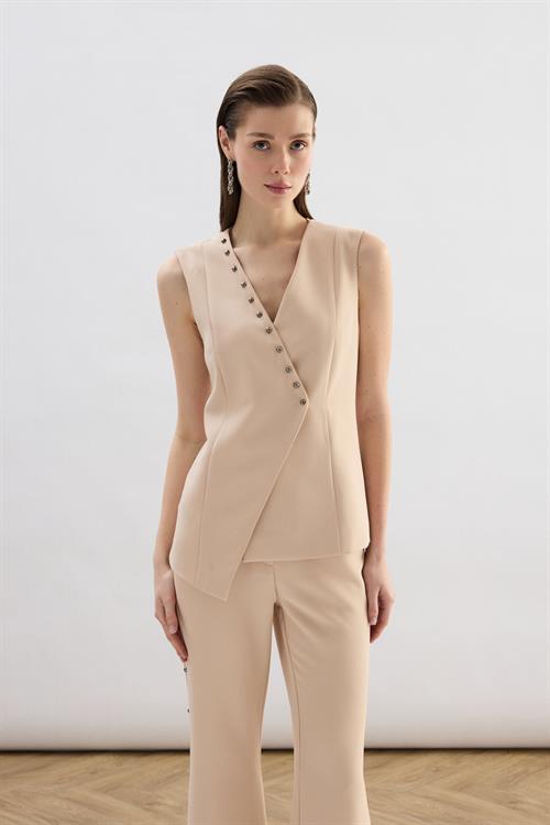 Wholesale Womens Beige Pearl-Embellished Wrap Waistcoat