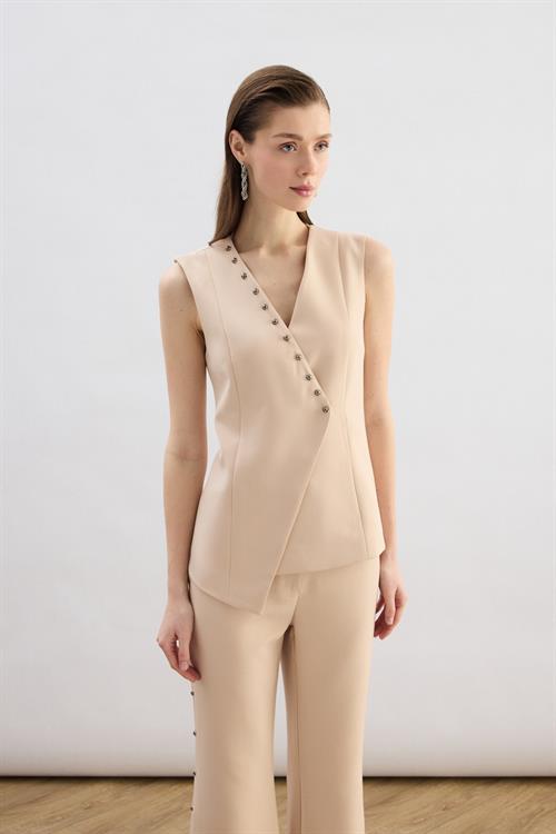 Wholesale Womens Beige Pearl-Embellished Wrap Waistcoat