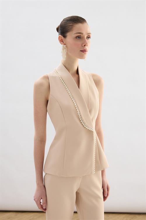 Wholesale Womens Beige Pearl-Embellished Wrap Waistcoat