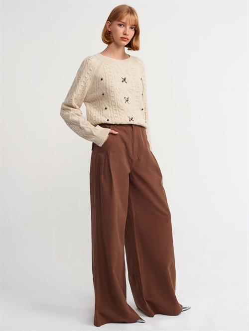 Wholesale Womens Beige Raglan-Sleeve Crew-Neck Knit Sweater with Rhinestone Embellishments